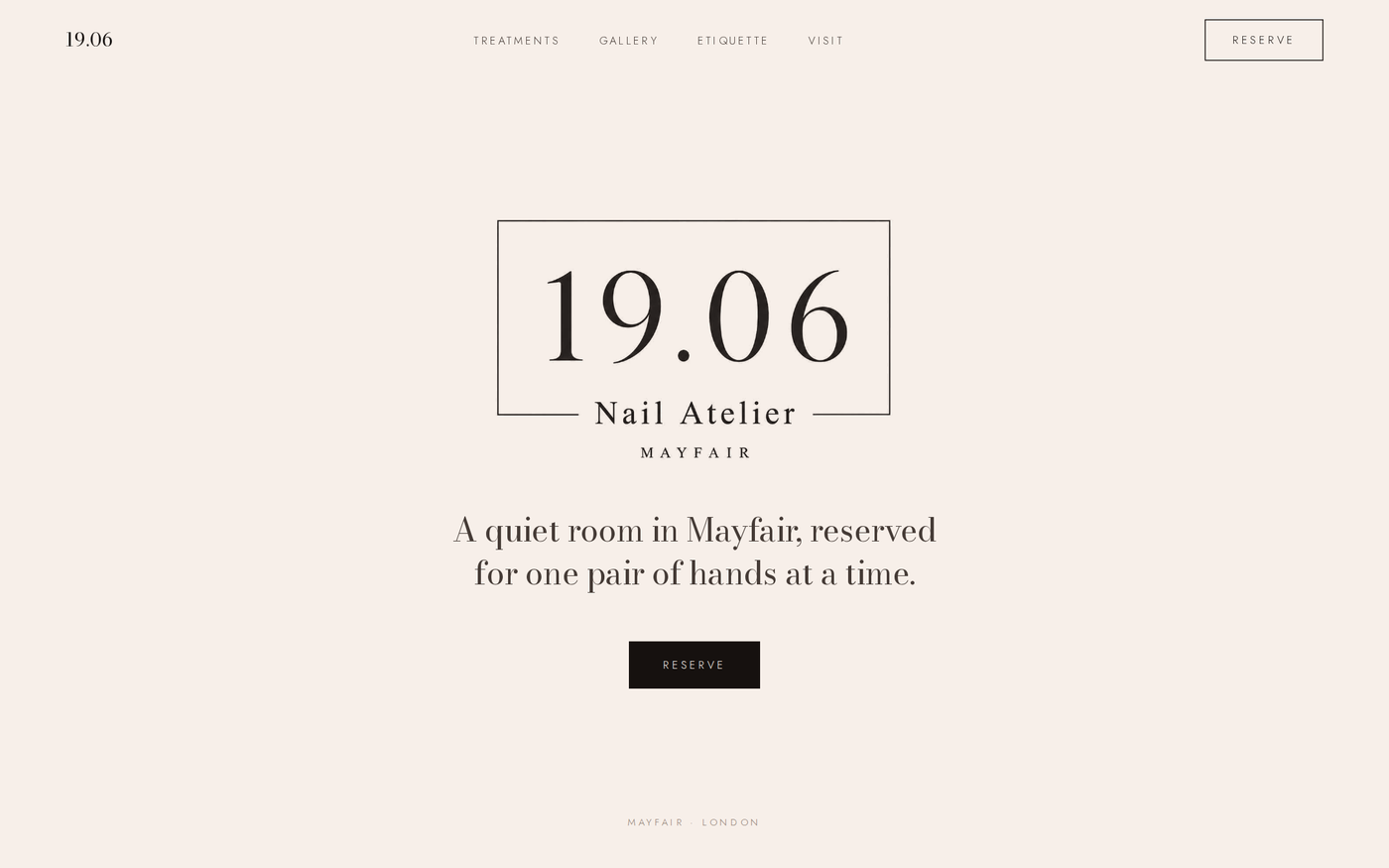 19.06 Nail Atelier landing page — cream background, framed logotype, single reserve call to action
