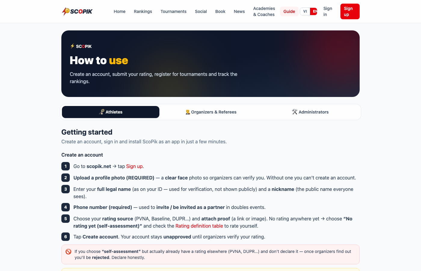 ScoPik platform: getting-started guide with tabs for athletes, organizers and administrators