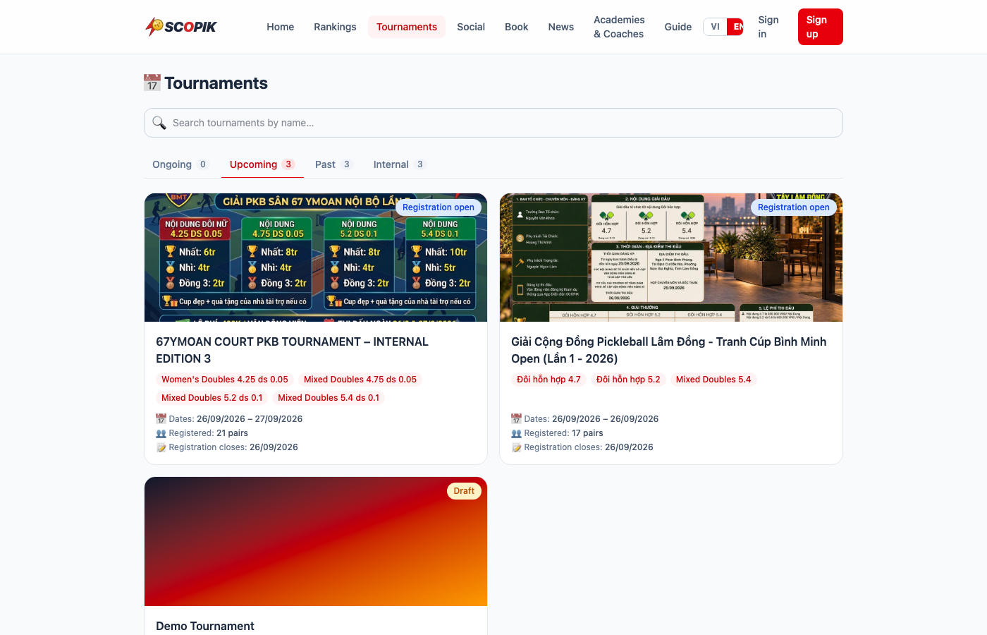 ScoPik tournaments list showing live, upcoming, completed and internal tournaments with categories, dates, registered pairs and deadlines